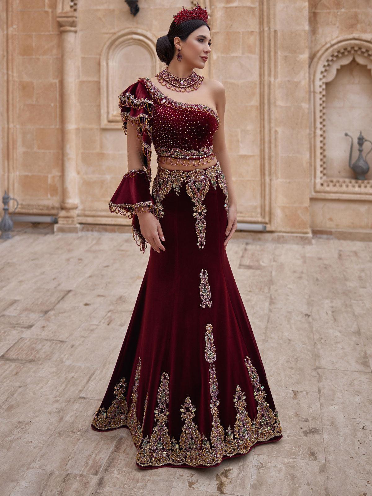 Fancy Burgundy One Shoulder Mermaid Beaded Two Piece Henna Night ...
